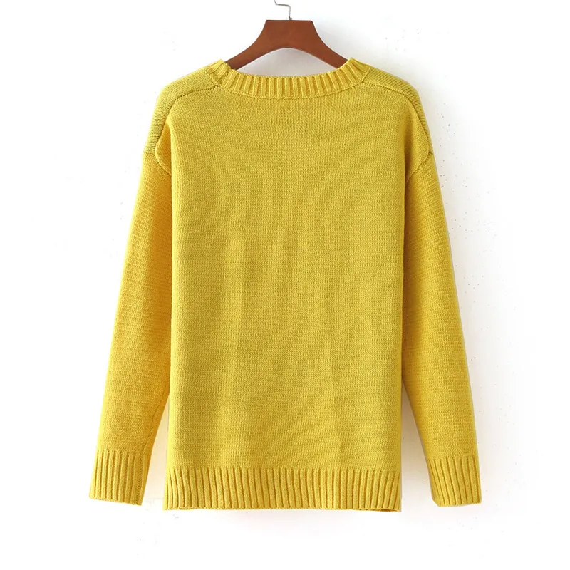 Women Knitting Pullovers Print Straight Long Sleeve Yellow Sweaters 2018 Winter Hot Sale Fashion Wild Simple Sweater Sweaters