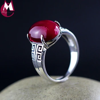 

100% 925 Sterling Silver Ring For Women Jewelry Fashion Punk Hollow Cloud Red Jade Ring Female Gemstone Wedding Paety Gifts SR61