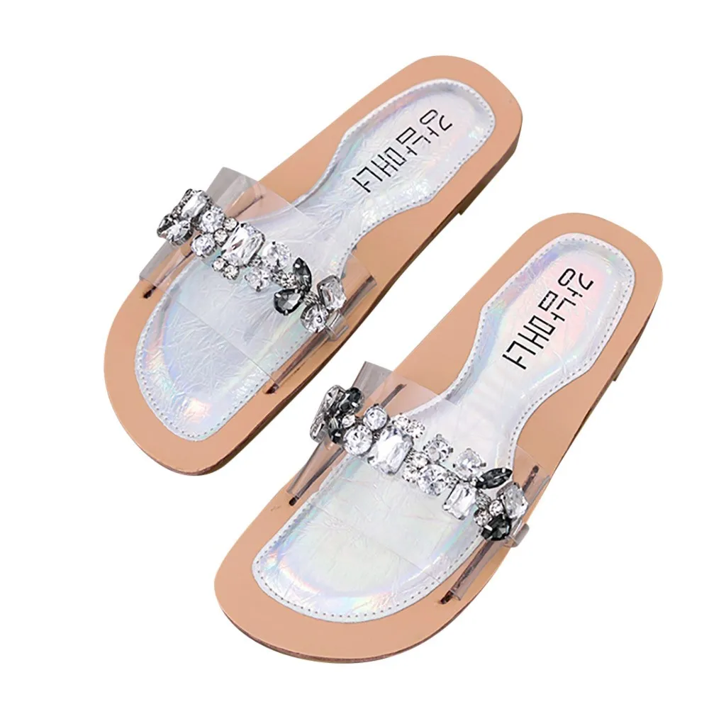 

Luxury Womens Flat Shoes Cover Heel Round Toe Women Summer Wear Open Toe Slippers Rhinestones Transparent Slippers Flat Shoes