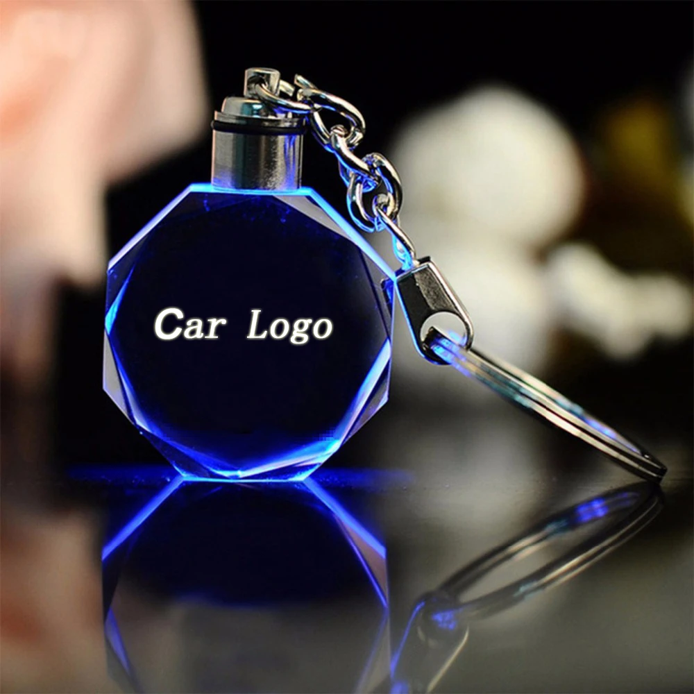 

Customized Laser Engraved K9 Crystal Key Chains Colorful LED Light Car Logo Keychain Key Holder Key Ring SP1854