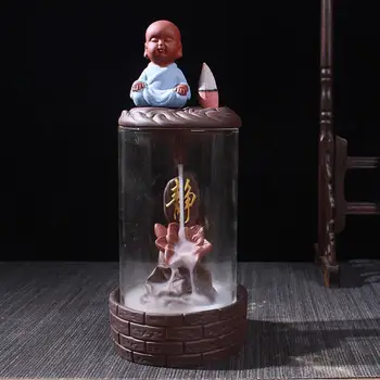 

Creative Little Monk Incense Burner With Glass Box Smoke Waterfall Lotus Backflow Incense Cone Holder Porcelain Home Crafts