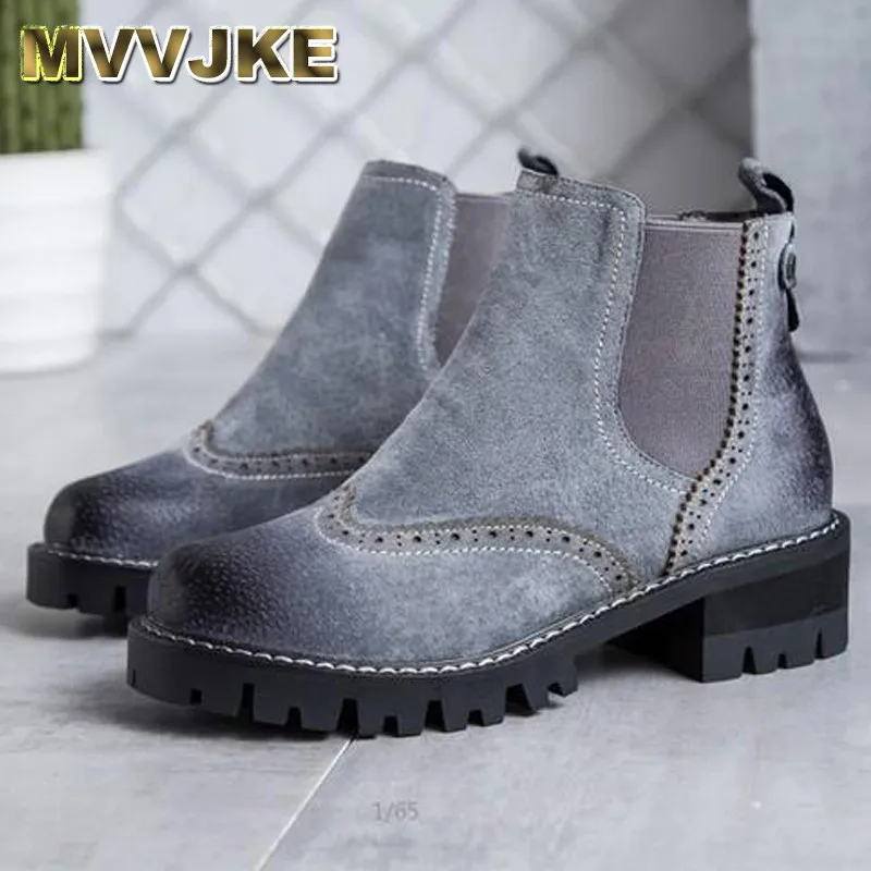 

MVVJKE Autumn spring female ankle boots with cut outs square heels round toe platform pu soft leather women fashion boots