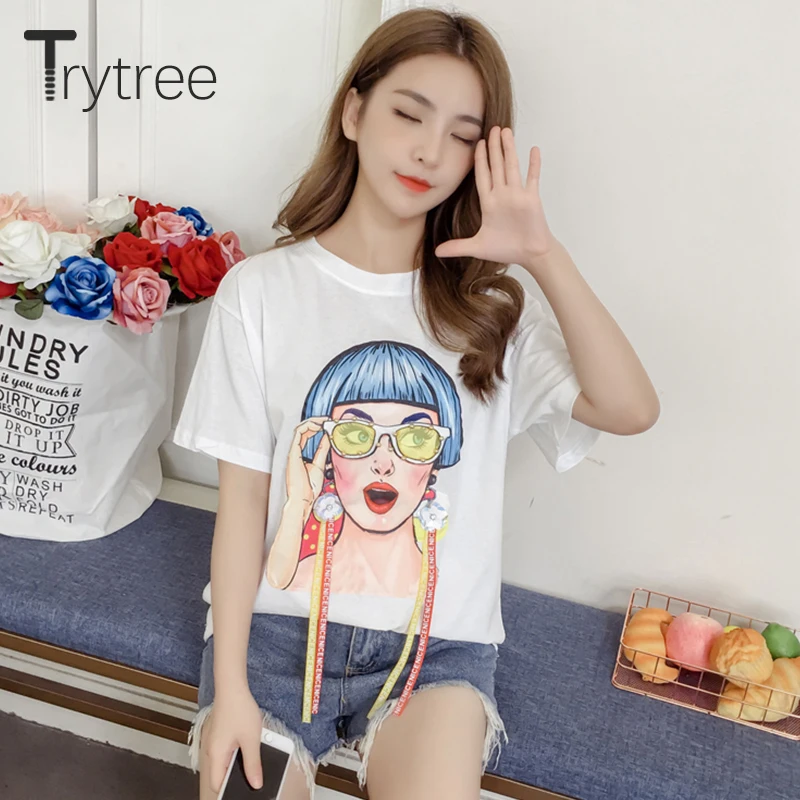 

Trytree Spring Summer Women T shirt Streetwear Character Print tshirt Cotton O-Neck T-shirts Short Sleeve Casual Tops shirts