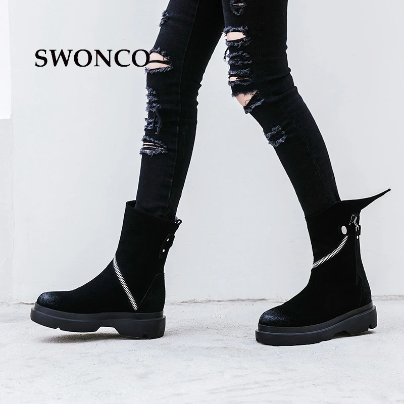 

SWONCO Women's Martin Boots 2018 Autumn Winter Genuine Leather Ladies Shoes Black Leather Boots Women Mid-calf Woman Boot Shoes