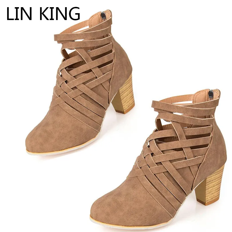 

LIN KING Retro Cross Tie Women Boots Zipper Gladiator Short Boots Square Heel Round Toe Martin Boots Soild Ankle Shoes Plus Size