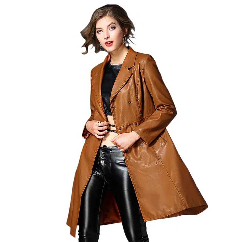 

Trench Coat Long Black Leather Women 2018 New Fashion Autumn Winter Suede Coat Slim Faux Fur Leather Trench Coats for Female 3XL