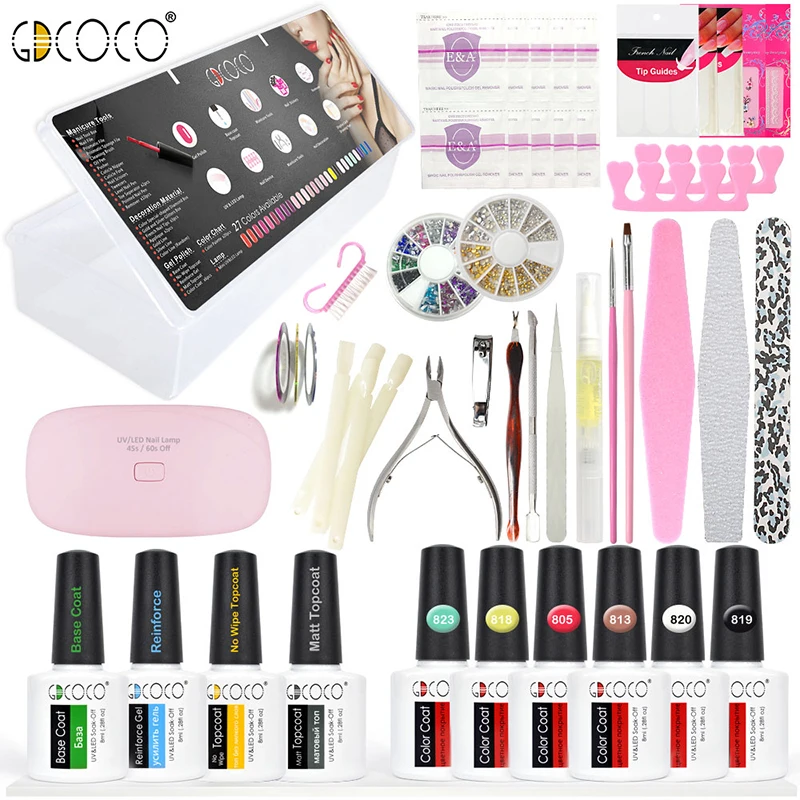 

66pcs/set GDCOCO FULL manicure nail art set soak off led nail brush tools 3d decoration nail rhinestone buffer gel polish set