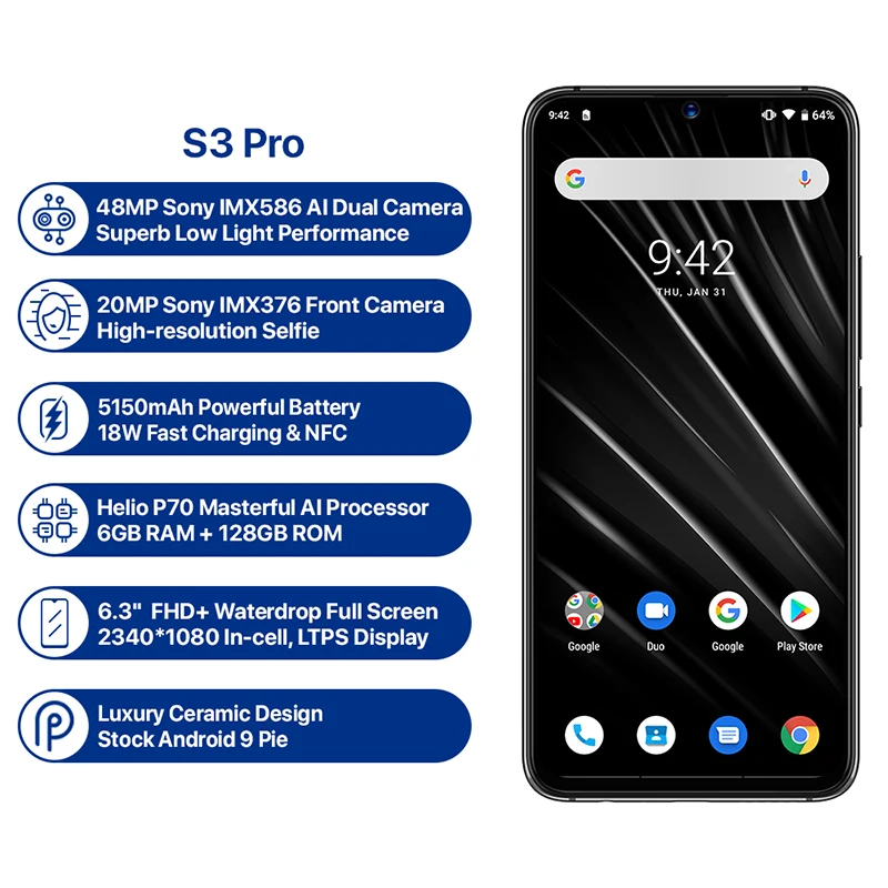 UMIDIGI S3 Pro Android 9,0 мобильный телефон 48MP + 12MP + 20MP супер камера 5150 mAh большой Мощность 128 GB 6 GB 6,3 "FHD + NFC Смартфон с двумя sim-картами