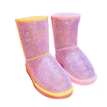 Женские зимние сапоги со сверкающими кристаллами; теплые плюшевые зимние сапоги на плоской подошве; сапоги до середины икры со стразами; зимняя женская обувь