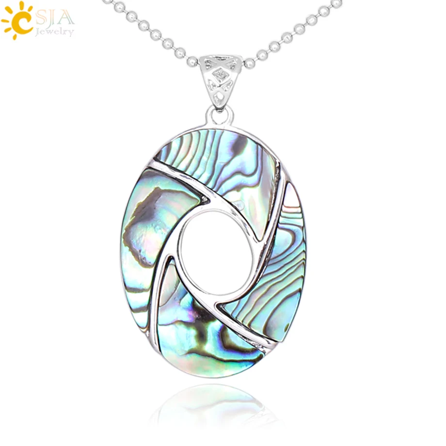 

CSJA New Natural Mother of Pearl Pendant Necklace Colorful Abalone Shell Oval Hollow Out Choker Necklaces Men Women Jewelry F318