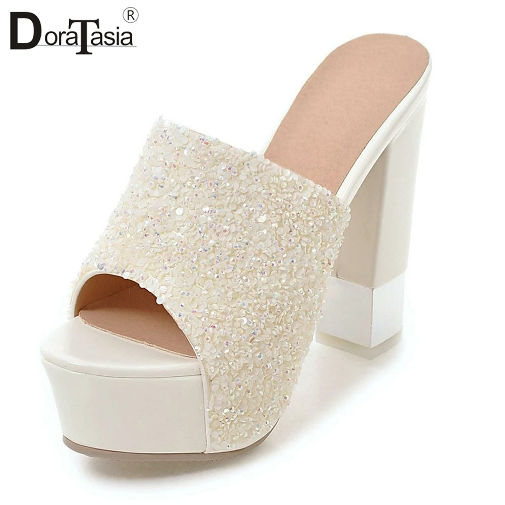 

DoraTasia Elegant Big Size 32-43 Casual slip-on Mules Women Summer Platform Glitter Party Pumps Super High Heels Shoes Woman