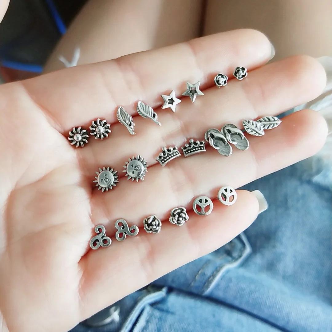 BYSPT 9pcs/set Earrings Fashion Elegant Crown Rose Leaves Star Stud