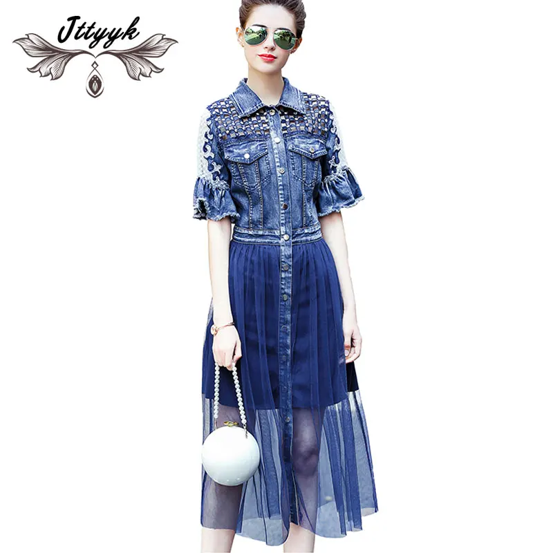 

Vintage Spring Women's Denim Dress Net yarn Stitching Denim Long Dress Summer High Quality A Line Lace Dress jeans vestido LJ052