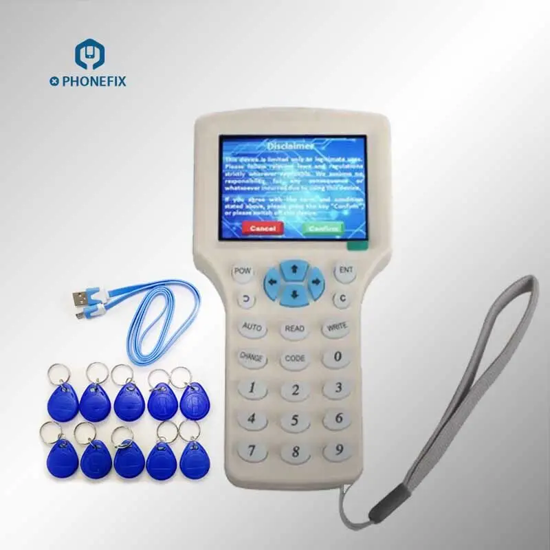 

PHONEFIX English 9 frequency RFID Copier ID IC Reader Writer copy M1 13.56MHZ encrypted Programmer NFC UID Tag Key Card