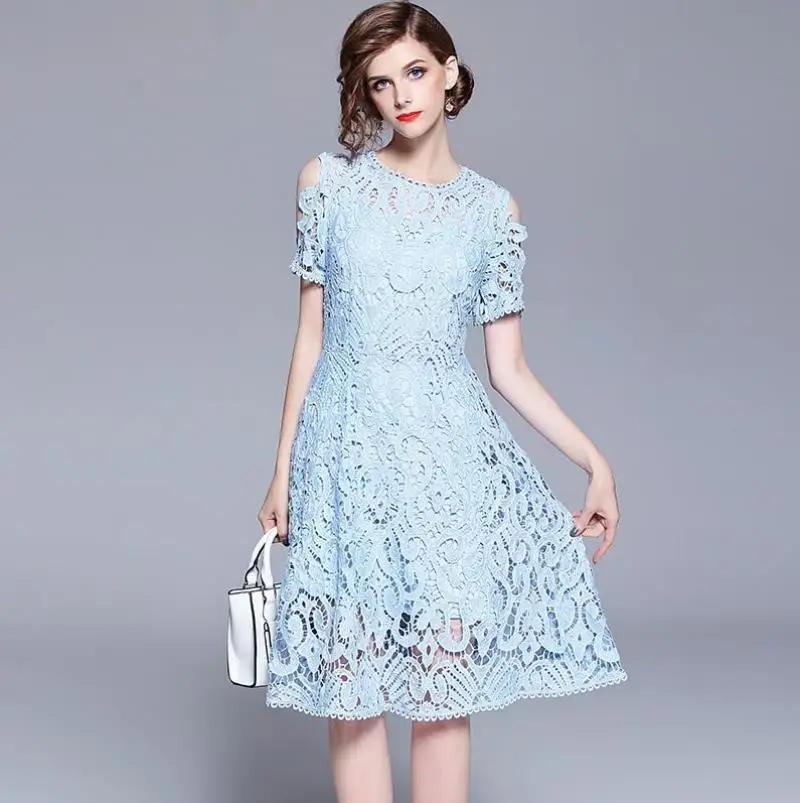 crochet hollow lace dresses zipper fashion strapless slash collar big swing sexy dress hot sale High Quality Elegant Party Dress