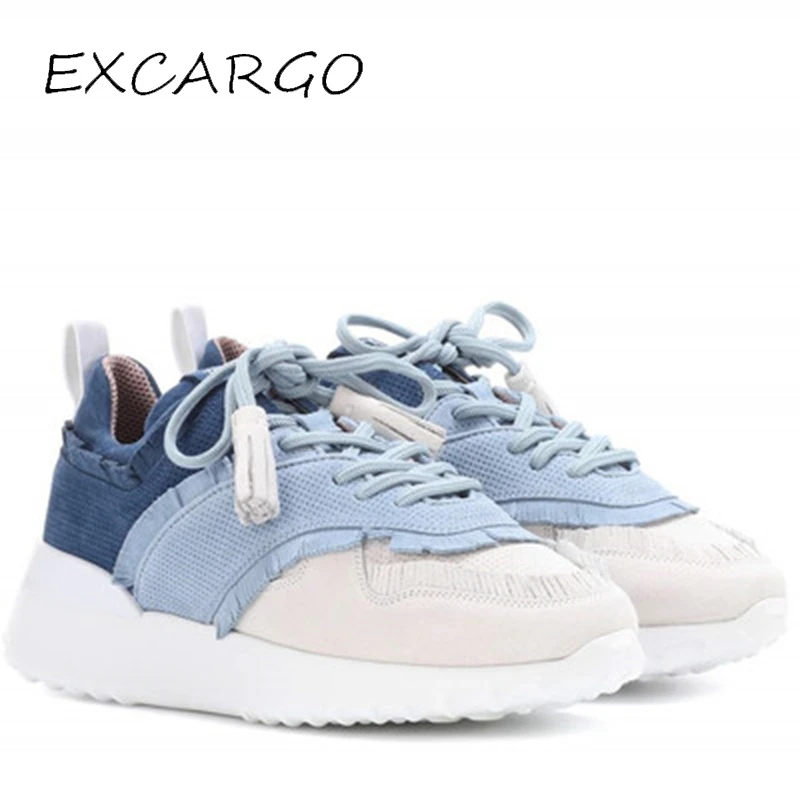 EXCARGO Natrual Suede Leather Sneakers Woman Spring Shoes Casual 2019 New Denim Female Leisure Shoes Flat Woman Sneakers Tassel