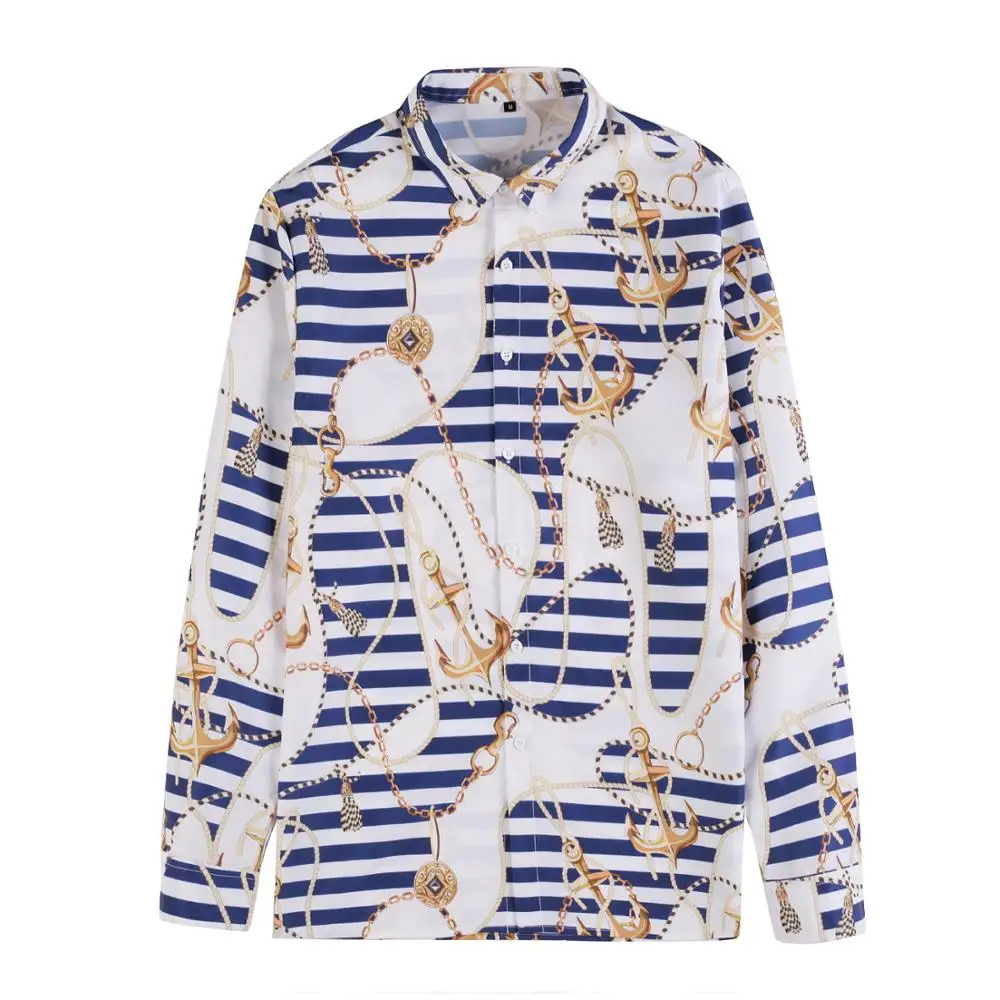 

2019 Hip Hop Shirt Streetwear Men Hawaiian Shirts Striped Arrow Print Harajuku Summer Beach Shirt Blue Tops Long Sleeve Casual