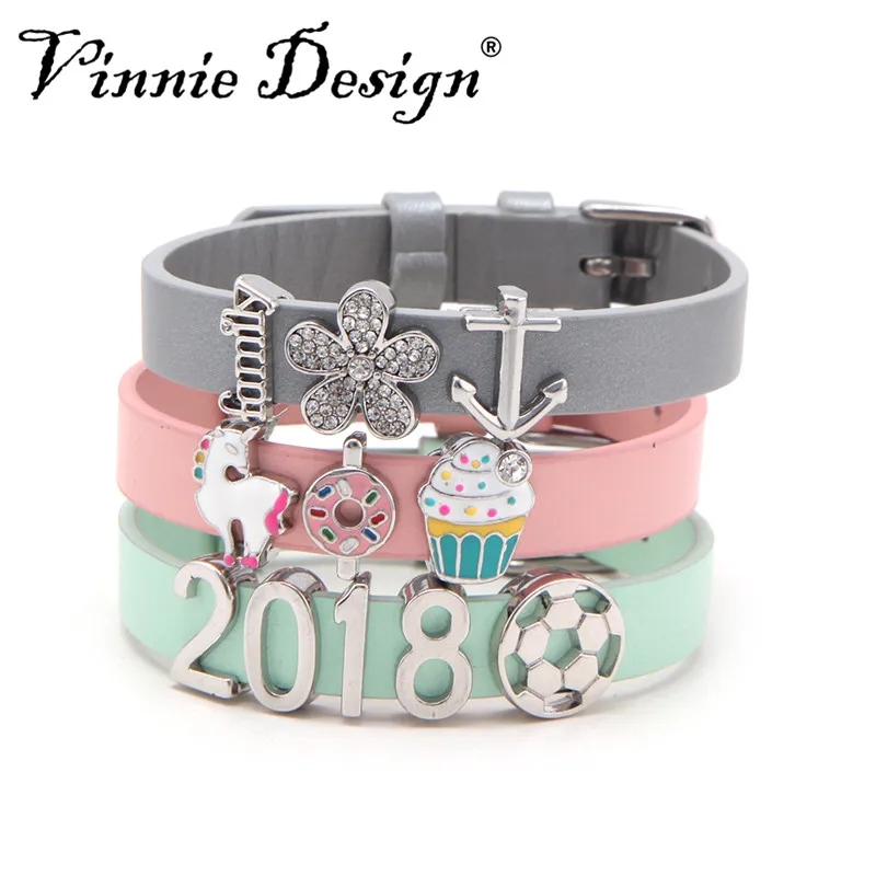 

Vinnie Design Jewelry Genuine Leather Charm Bands Wrappable Bracelet Set with Silver Slide Charms