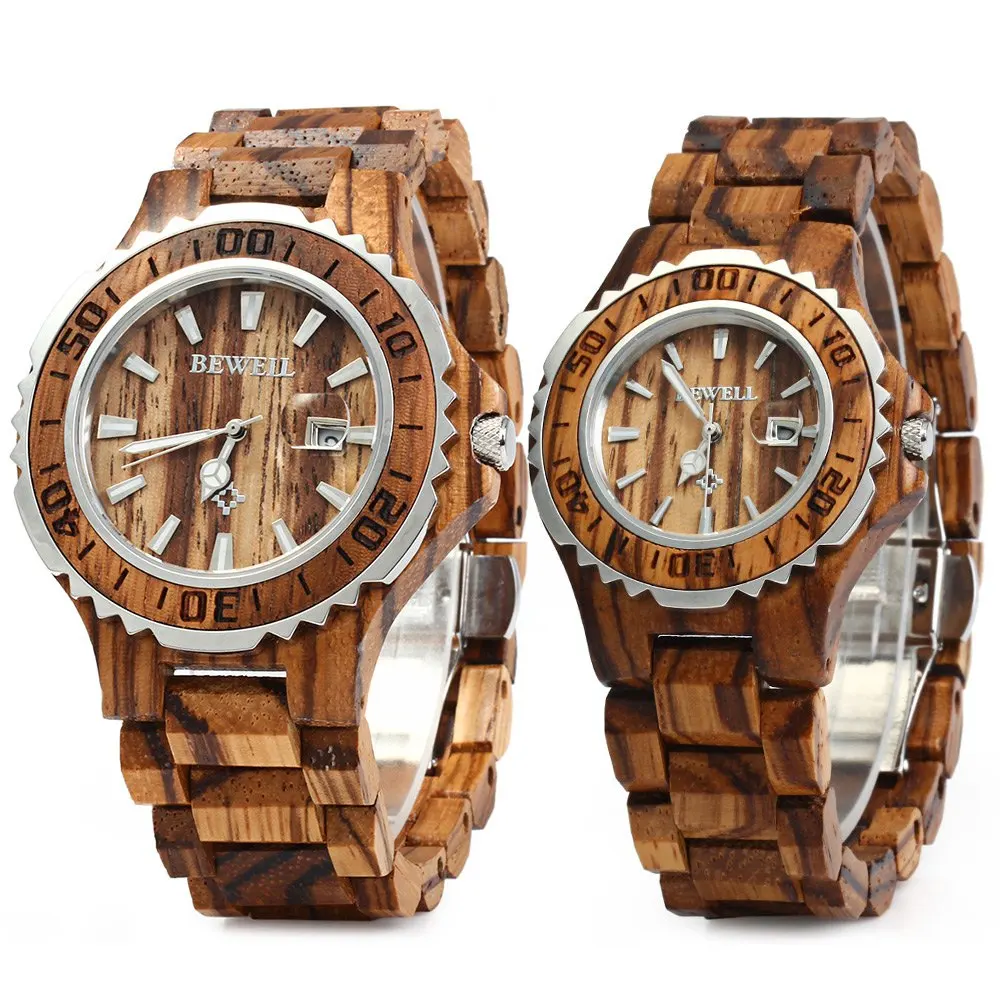 BEWELL Luxury Brand Pair of Couple Quartz Watch Waterproof Calendar Men Women Wood Watch Lover's Wristwatches relogio