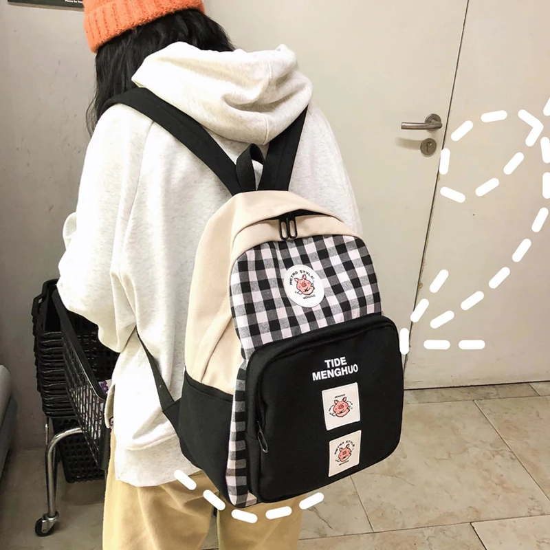 Harajuku, короткий сетчатый рюкзак, белый, черный, женский, для путешествий, клетчатый рюкзак, Sirt Cantasi, для студентов, Холщовая Сумка через плечо, Mochila