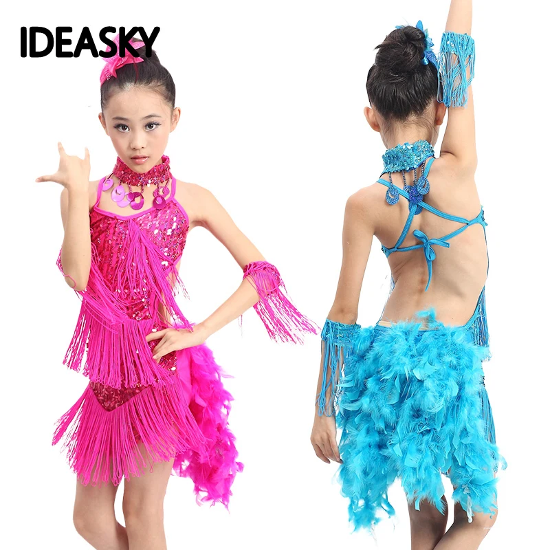 Dance Dress Dance Skirt Children Professional Dance Dress Girls Sequin Fringe Salsa Tango Costume Sexy Ballroom Dancing Dresses Kids Latin Skirt Feather