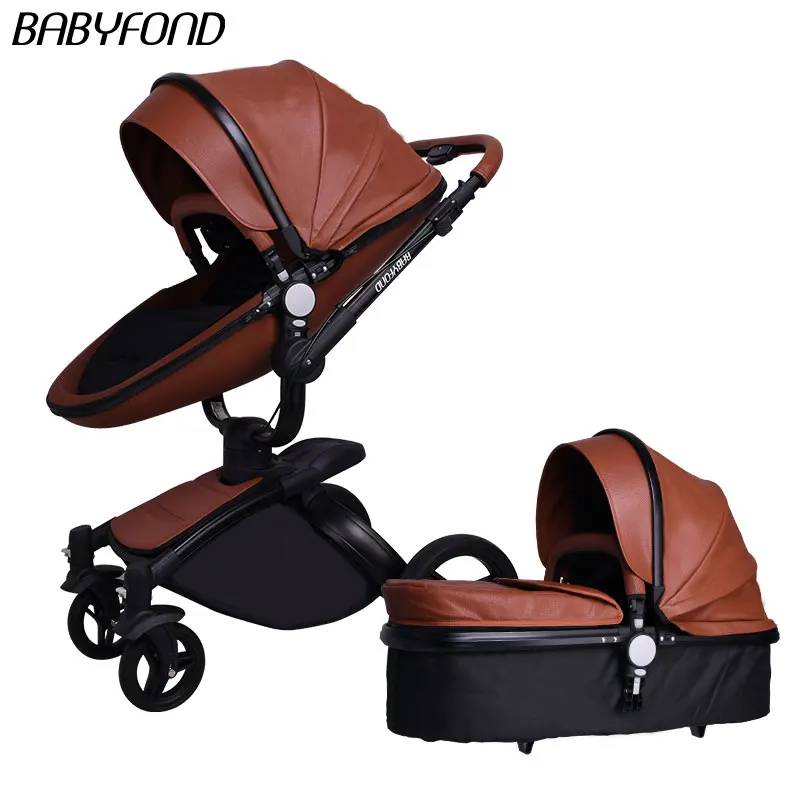 Babyfond/Высококачественная кожаная детская коляска с высоким пейзажем для автомобиля, детская коляска 3 в 1, детская коляска 2 в 1, рама из алюминиевого сплава - Цвет: Brown 2in1 B