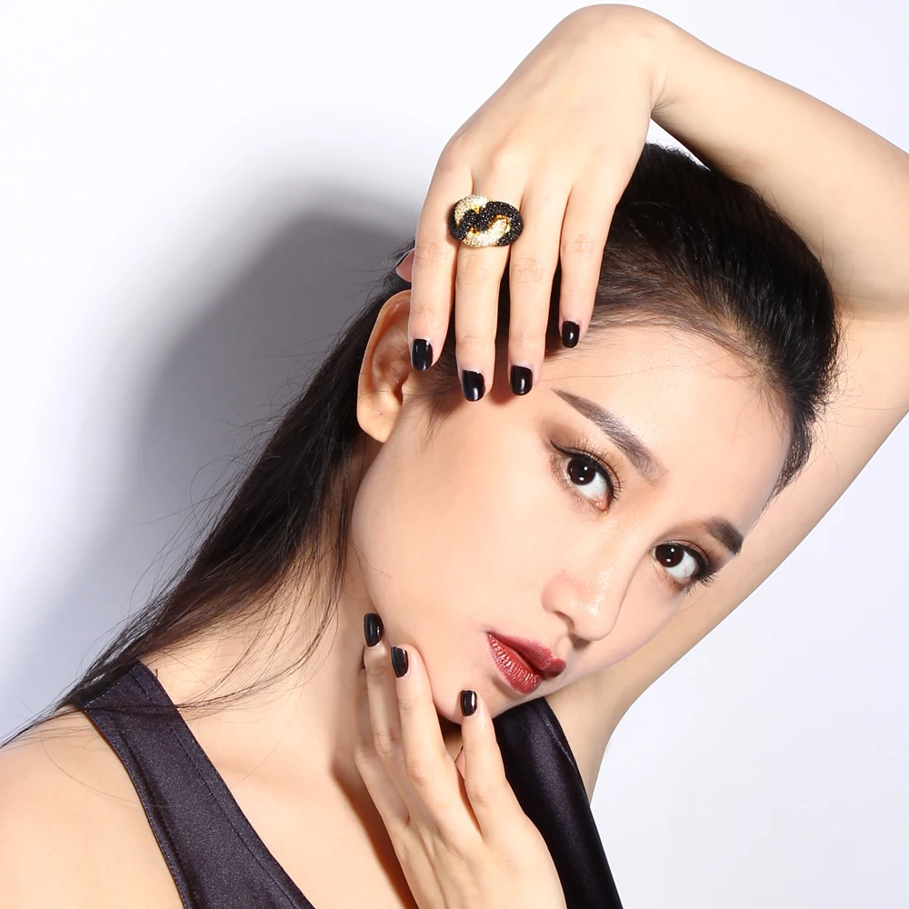 Amazing Black 2 tone finger ring micro pave jet and clear CZ jewelry high quality Zirconia Rings