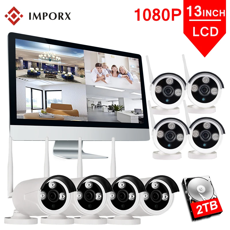 

1080P 8CH Wireless NVR Kit 13" LCD Monitor IR Night Vision 2MP Security CCTV IP Camera Wifi Waterproof Surveillance System Kit