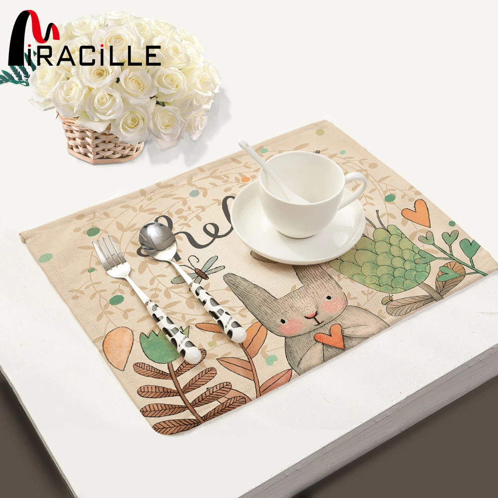 

Miracille Cute Rabbit Letter Series Cotton Linen Table Placemat Coaster Home Table Napkin Mat for Children Kitchen Accessories