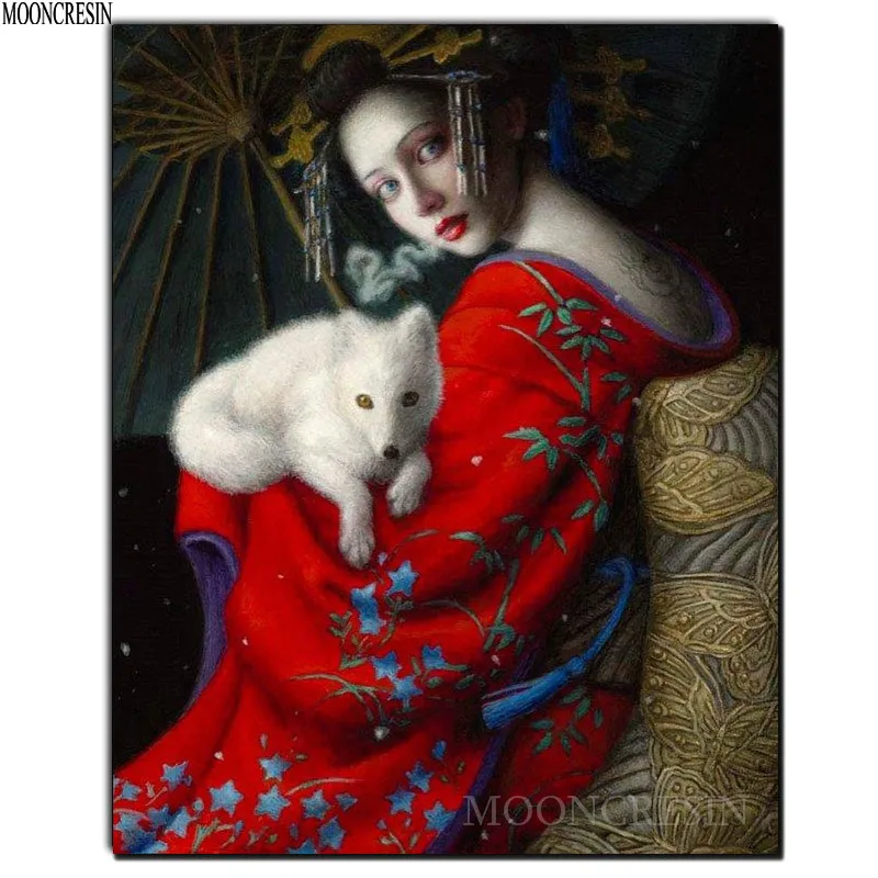 

5D Diy Diamond Painting Cross Stitch Girl With Fox Needlework 3D Diamond Embroidery Full Round Mosaic Decoration Resin Stickers