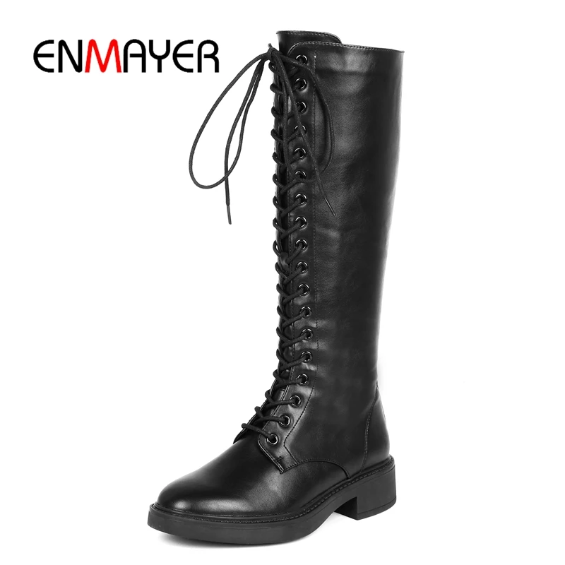 

ENMAYER Round Toe Zip Square Heel Knee-High Booties 2018 Woman Botas Mujer Invierno Size 34-39 ZYL1682