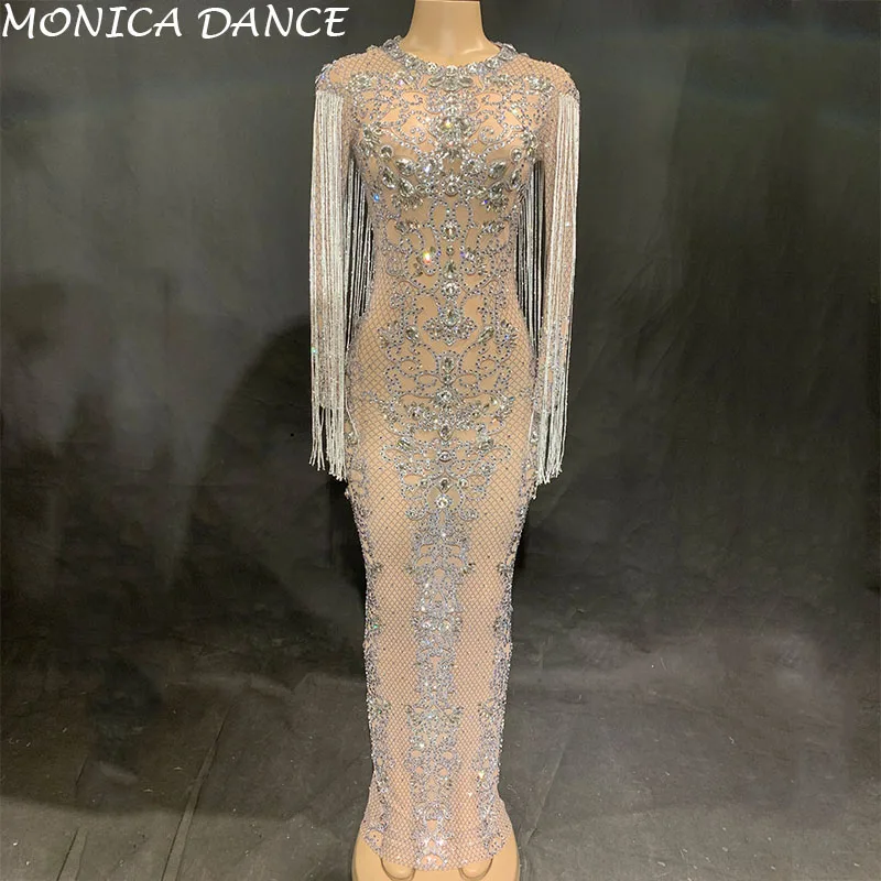 

Women Mesh Perspective Sparkly Crystals Long Dress Evening Party Rhinestones Dresses Birthday Celebrate Costume Fringes Dress