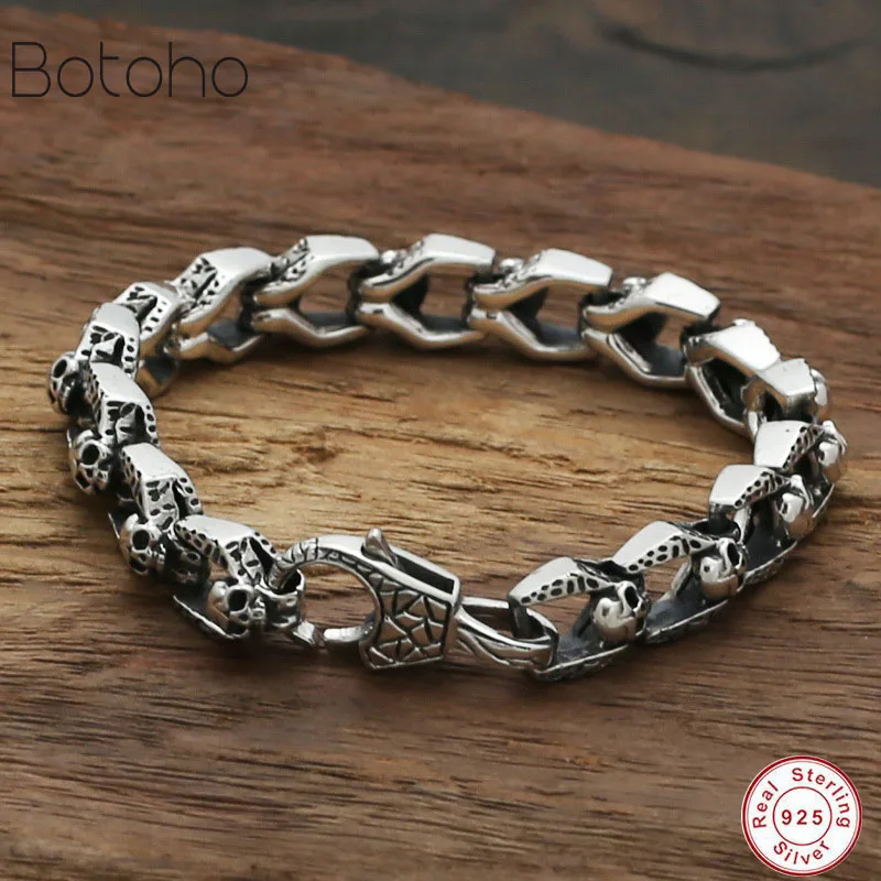 Мужские браслеты из стерлингового серебра 925, мужской браслет с черепом, безопасный браслет на удачу, винтажный браслет-цепочка с черепом, ювелирное изделие, подарок на день рождения