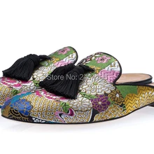 Прямая ; разноцветная мужская обувь на ползунок; повседневные шлепанцы на плоской подошве; слипоны с кисточками; лоферы с цветочной вышивкой; мужские шлепанцы с бахромой