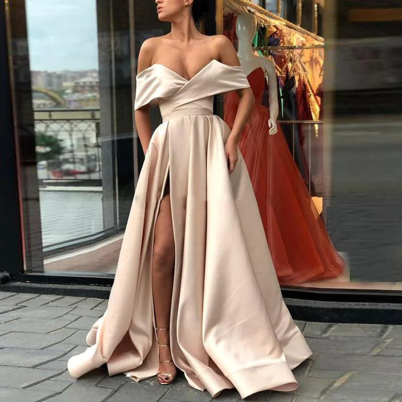 Sexy Split Champagne Prom Gowns Off The Shoulder Satin Floor Length ...