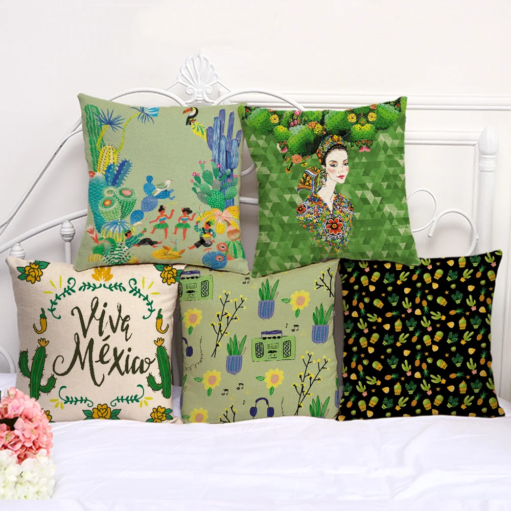 

Decorative Pillow Cushion Case Color Painting cactus Girl Pillowcase 17.5 Inch Cotton Linen Chair Seat Throw Pillow Cover P1071