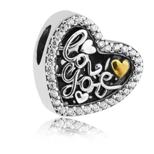 Подходит для браслетов Pandora Love Script, амулеты с 14K настоящим золотом, серебро пробы, бусины