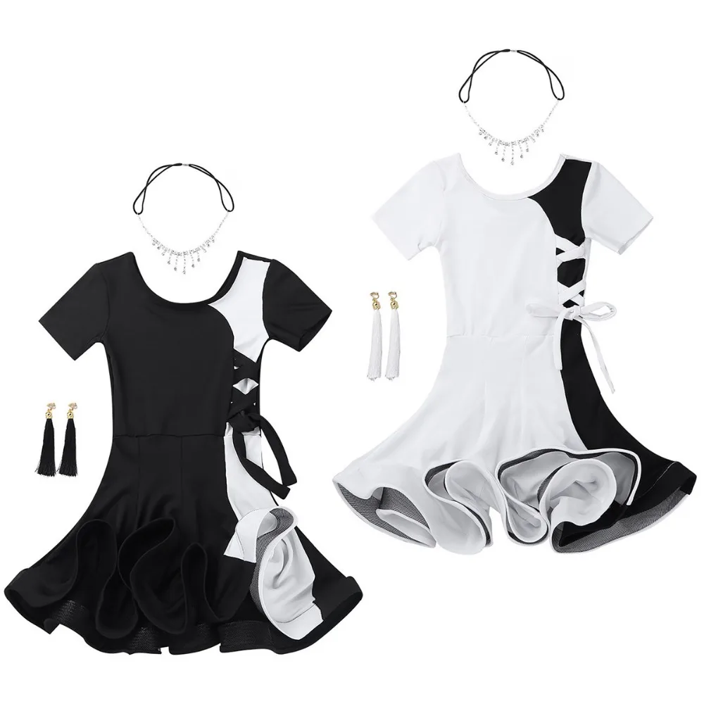 Для детей и подростков Белый Черный Латинской Конкурс платье Мода для девочек танцевальная одежда танцевальный зал для самбы Румба Танго