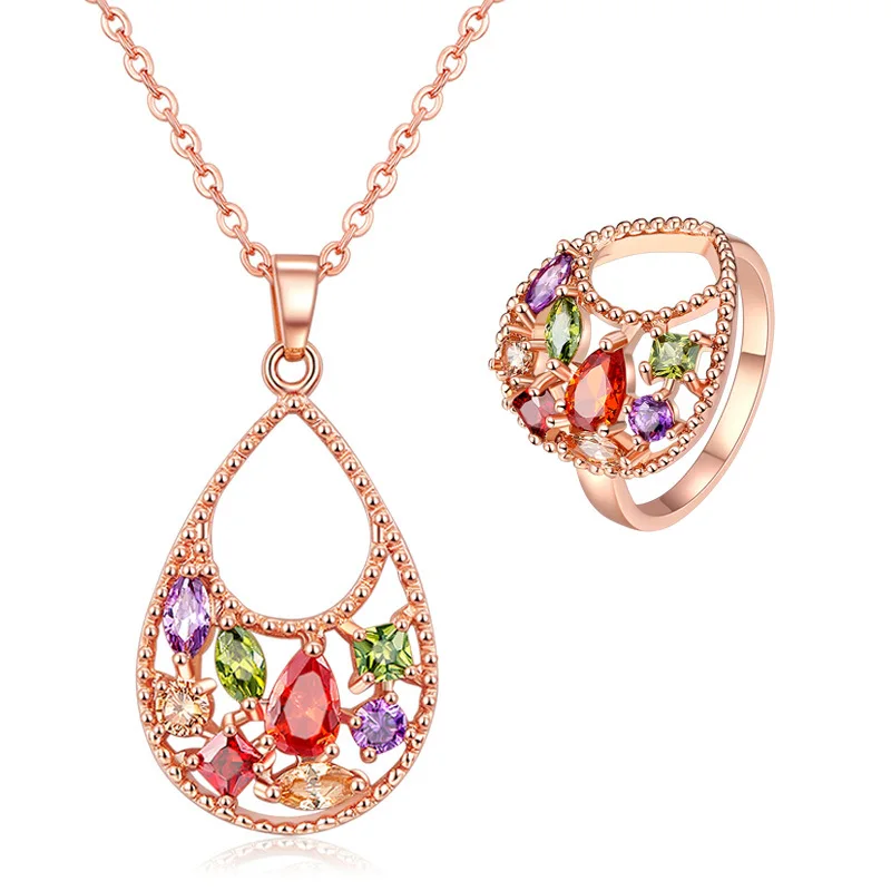 

2018 Fashion Women Crystal Necklace Two Pieces Jewelry Sets Birthday Party Exquisite Ring Gift Jewelry Accessories