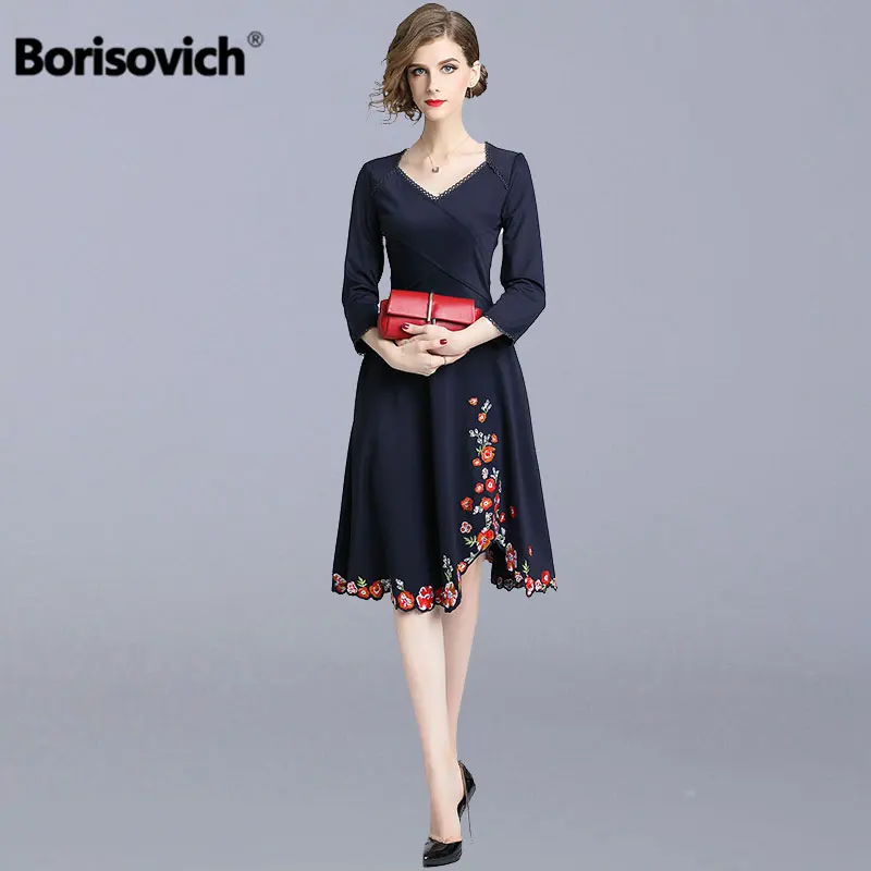 Borisovich женское Повседневное платье, новинка, осенняя мода, Цветочная вышивка, v-образный вырез, элегантное тонкое женское ТРАПЕЦИЕВИДНОЕ ПЛАТЬЕ для вечеринок N089