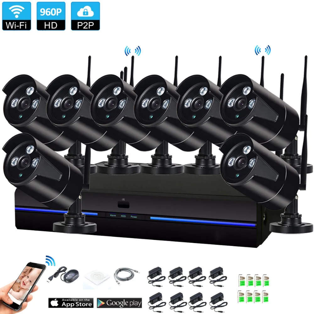 

4CH/6CH/8CH 960P HD Wireless NVR Kit P2P 960P Indoor Outdoor black IR Night Vision Security 1.3 MP IP Camera WIFI CCTV System