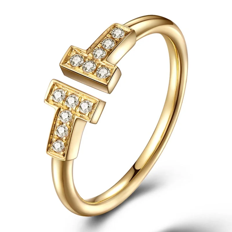 

Open-ended Engagement Ring Diamond for Women Double T 0.12ct 18K Yellow Gold Handmade Wedding Jewelry