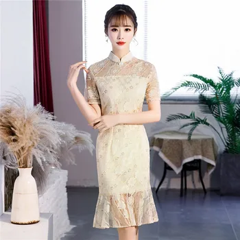

Shanghai Story Knee Length Lace Mermaid Cheongsam Dress Fishtail Qipao Chinese Oriental Dress For Chinese Women's Dress