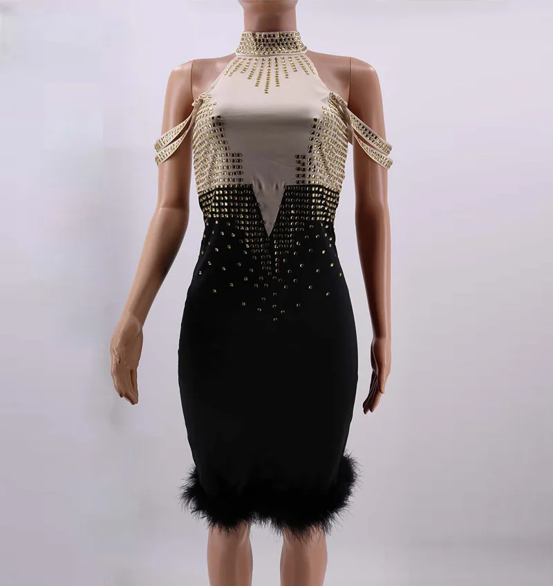 Kricesseen, сексуальное женское платье с перьями, стоячим воротником, с цветным блоком, в стиле пэчворк, без рукавов, с блестками, облегающее, вечерние, миди платье, Vestidos - Цвет: Черный