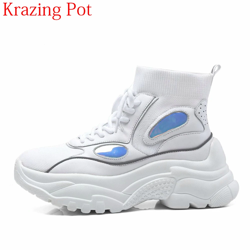 

2018 Fashion Knitting Air Mesh Breathable Loafers Sneakers Women Round Toe Lace Up Platform Party Increased Vulcanized Shoes L22