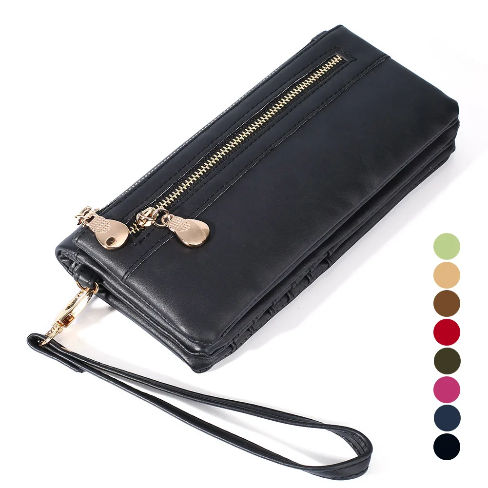 

Hot Women Fashion Vintage Double Zipper Dull Polish Leather Long Wallet Handbag BVN66