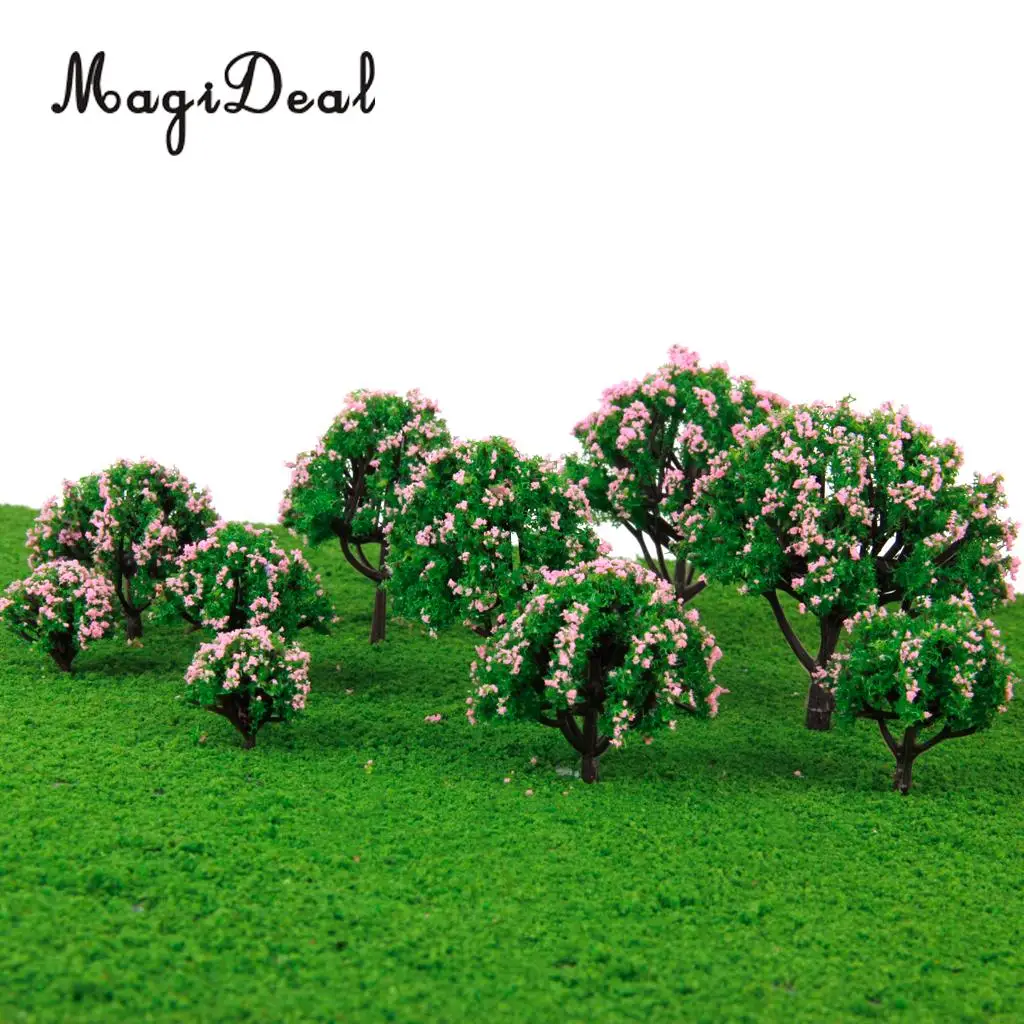 MagiDeal  5Sizes 10Pcs Plastic Model Tree with Pink Flower for Railroad Railway Train Track Home Garden Building Layout Diorama
