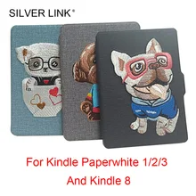 SILVER LINK Embroidery Puppy Kindle PU Case Carton Print Cover For Amazon E-Reader Paperwhite 1 2 3 / kindle 8 Protector Shell