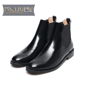 

MLJUESE 2018 women ankle boots cow leather patent leather slip on brogue style autumn spring women Chelsea boots size 34-42