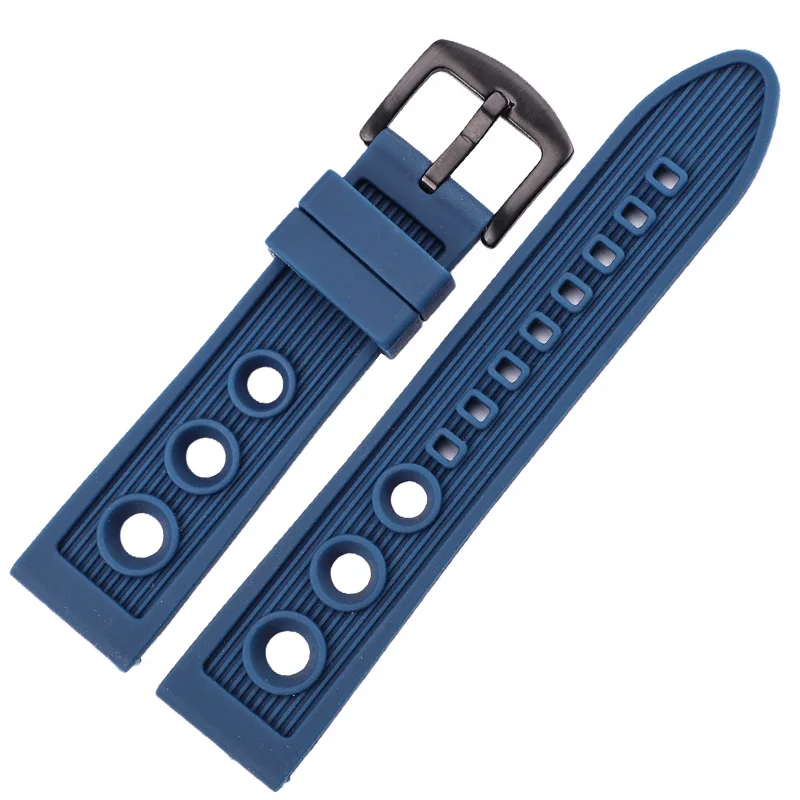 Men's Soft Diving Watch Band with Metal Pin Buckle in Black and Blue Rubber
